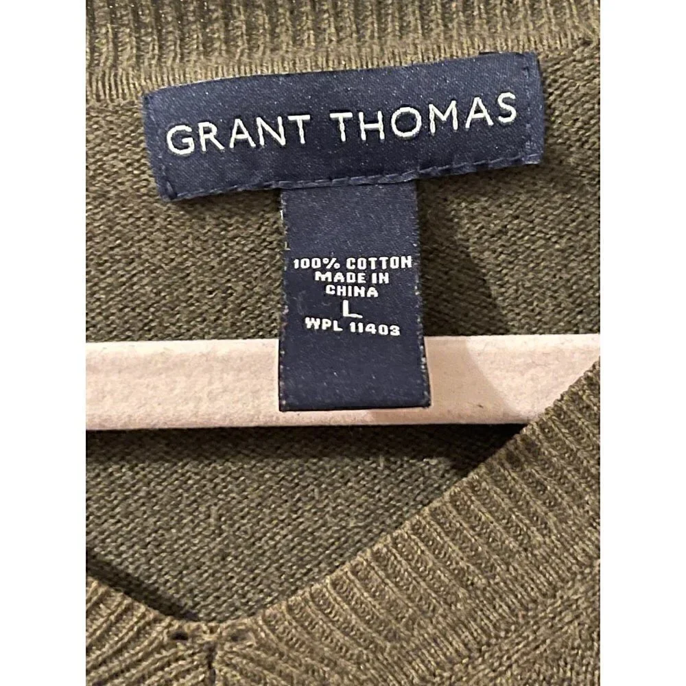 Grant Thomas 100% Cotton V-neck Hunter Green Men's Sweater Size Large